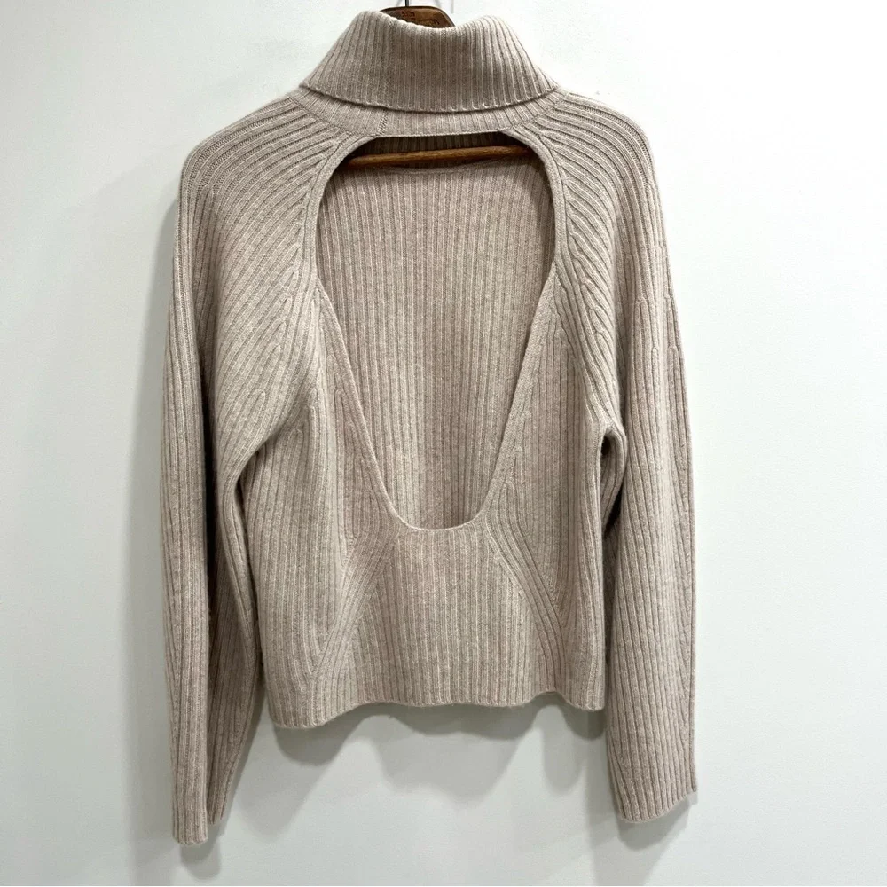 Vince Open Back Ribbed Turtleneck Cashmere Sweater Oatmeal Tan Gray Woman’s XL